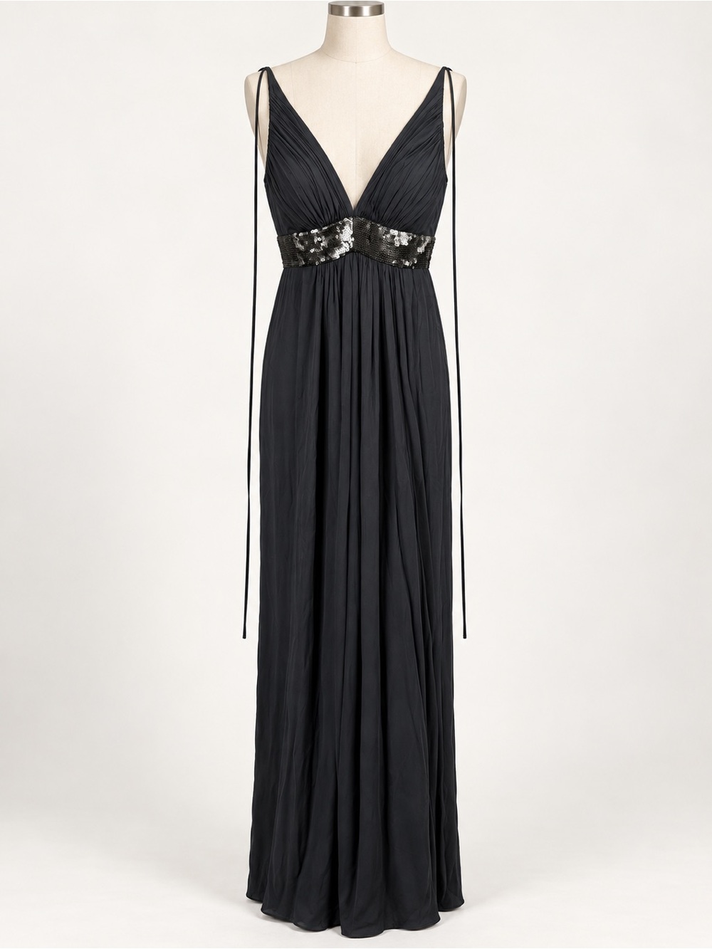 Robert Rodriguez Dark Gray Silk Sequin Empire Waist V-Neck Maxi Evening Gown 10